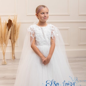 White Lace Communion Dress with Cape: Tulle Flower Girl Gown