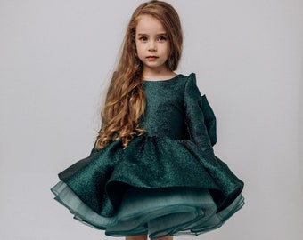 Emerald Sparkly Christmas Toddler Dress: Long Sleeve Tutu Gown