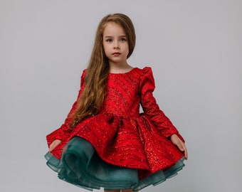 Christmas Sparkly Toddler Dress, Christmas Photoshoot Baby Gown, long sleeve, Tutu Girl Dress, Kids Christmas outfit, special occasion dress
