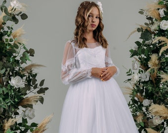 White First communion & Baptism girl dress, Tulle girl dress, long sleeves Lace flower girl dress, wedding junior bridesmaid formal dress,