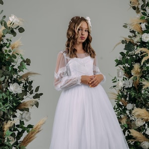 White First communion & Baptism girl dress, Tulle girl dress, long sleeves Lace flower girl dress, wedding junior bridesmaid formal dress,