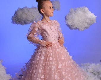 Blush Flower Girl Dress, Wedding guest Gown, Tutu Girl Dress puffy sleeves, Christmas girls outfit, Butterfly lace junior bridesmaid dress