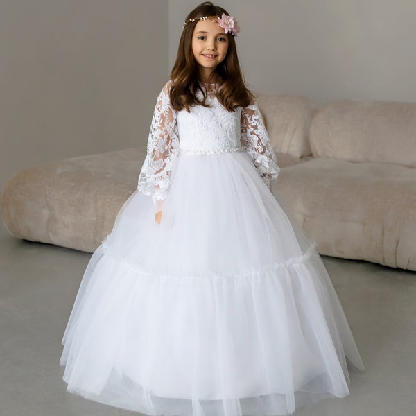 White Lace First Communion dress long puffy sleeve, Flower Girl Dress, wedding guest tulle dress, Baptism gown, Junior Bridesmaid dress
