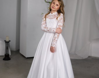 White Lace Satin Flower Girl Dress: First Communion Gown