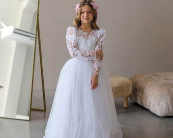 Weiße Spitze Kommunion Kleid lange Puffärmel, Blumenmädchen Kleid, Hochzeitsgast Tüll Kleid, Taufkleid, Junior Brautjungfer Kleid