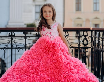 Hot Pink Flower girl dress, Pageant luxury girl dress, Lace flower dress with puffy skirt, Girl ball gown, Bridesmaid wedding guest gown