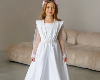 White Satin First Communion Dress: Long Puffy Sleeve Flower Girl Gown