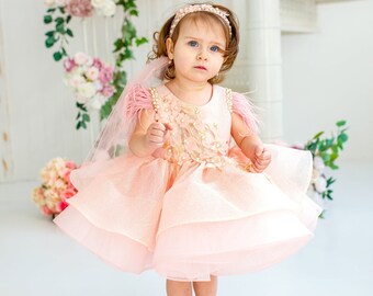 Peach First Birthday Dress, Baby Girl Party Dress Special Occasion, 1st Birthday Dress photo shooting, baby tutu, dress toddler, baby frock