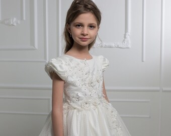 First communion & Baptism dress, satin flower girl dress, wedding guest dress, Bridesmaids dress, holy communion gown, mini bride dress