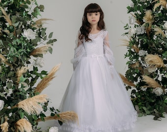 BNY Corner Girls White First Holy Communion Dress - Cap Sleeve, Full-Length, Wedding Baptism