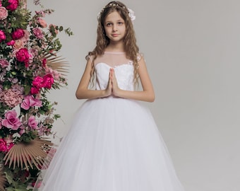 First communion & Baptism dress, tulle flower girl dress, wedding guest dress, Bridesmaids dress, holy communion gown, mini bride dress
