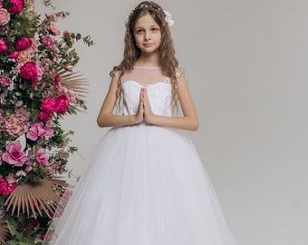 First communion & Baptism dress, tulle flower girl dress, wedding guest dress, Bridesmaids dress, holy communion gown, mini bride dress