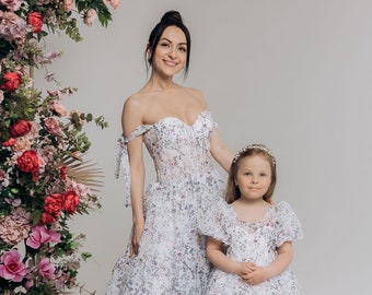 Mother daughter matching floral organza dress, Mommy and me baby dresses, Dress for first birthday, mom baby wedding dress