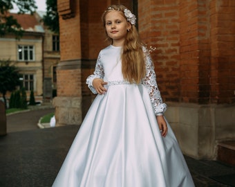 First Communion Dress for Girls, White Satin Flower Girl Gown, Lace Bodice Dress, Catholic Communion Outfit, Wedding Ceremony Dress