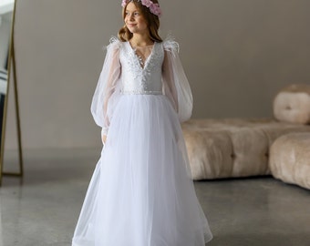 White Lace First Communion Dress: Long Puffy Sleeve Tulle Gown