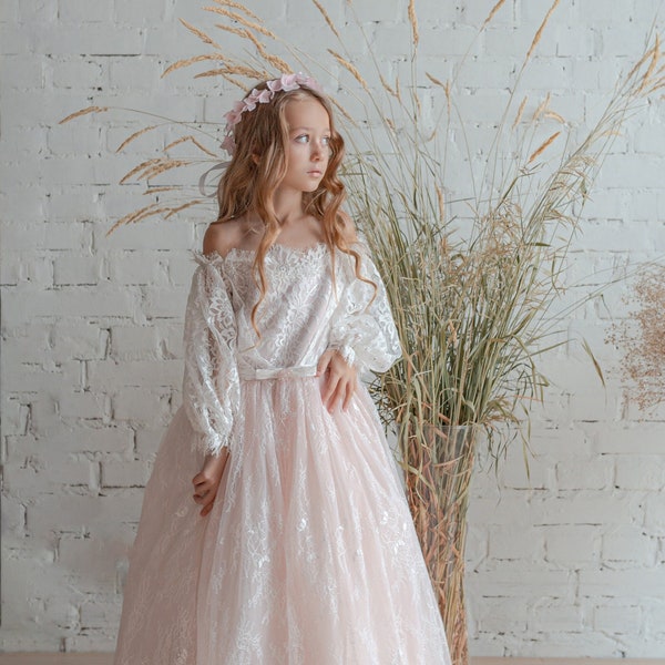 Robe de demoiselle d'honneur, première communion, robe de fille de baptême en tulle, robe de demoiselle d'honneur en dentelle, robe de bal pour fille, robe de demoiselle d'honneur pour tout-petit