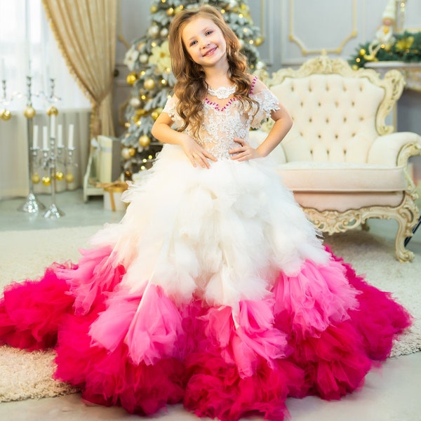 White Luxury Christmas Pageant gown with laced bodice long train, Flower girl dress, red couture, Girl ball gown, Junior Bridesmaid dress