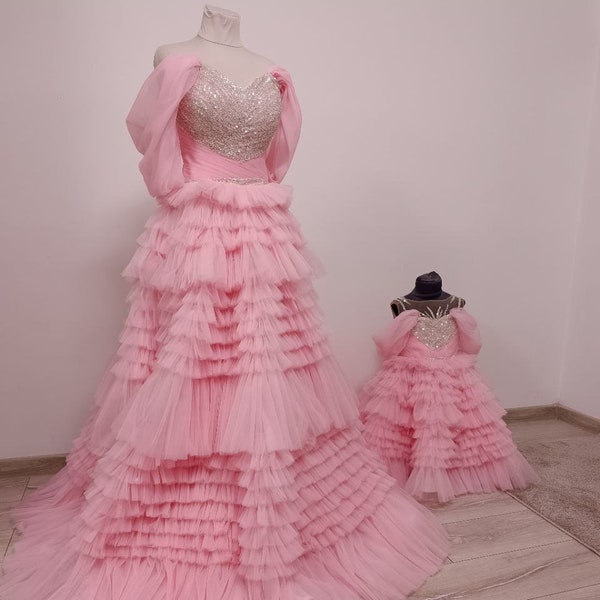 Pink Mother daughter matching luxury tulle gowns, Mommy and me baby dress, Dress for first birthday, mom baby wedding dress