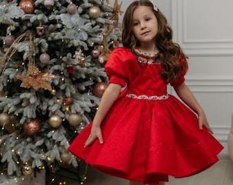 Xmas Red Girl Dress, Christmas Photoshoot Toddler Gown, Tutu Girl Dress puffy sleeves, Kids Christmas outfit, special occasion satin dress