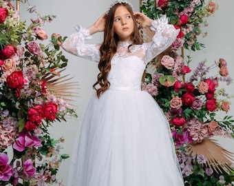 White lace First communion & Baptism dress, flower girl dress, wedding guest dress, Bridesmaids dress, holy communion gown, mini bride dress