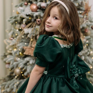 Xmas Green Girl Dress, Christmas Photoshoot Toddler Gown, Tutu Girl Dress puffy sleeves, Kids Christmas outfit, special occasion satin dress image 3