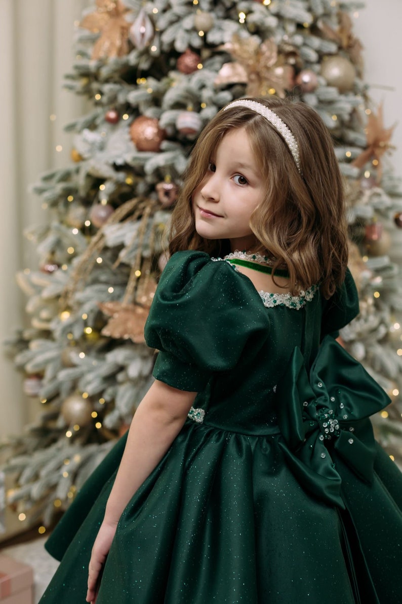 Xmas Green Girl Dress, Christmas Photoshoot Toddler Gown, Tutu Girl Dress puffy sleeves, Kids Christmas outfit, special occasion satin dress image 3