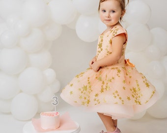 Peach sparkling baby dress, flower girl glitter dress, baby tutu frock with stars, first birthday dress, toddler fancy dress, princess gown