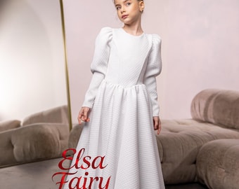 Vestido de Primera Comunión Blanco: Vestido de Niña de las Flores de Satén Hecho a Mano con Mangas Largas