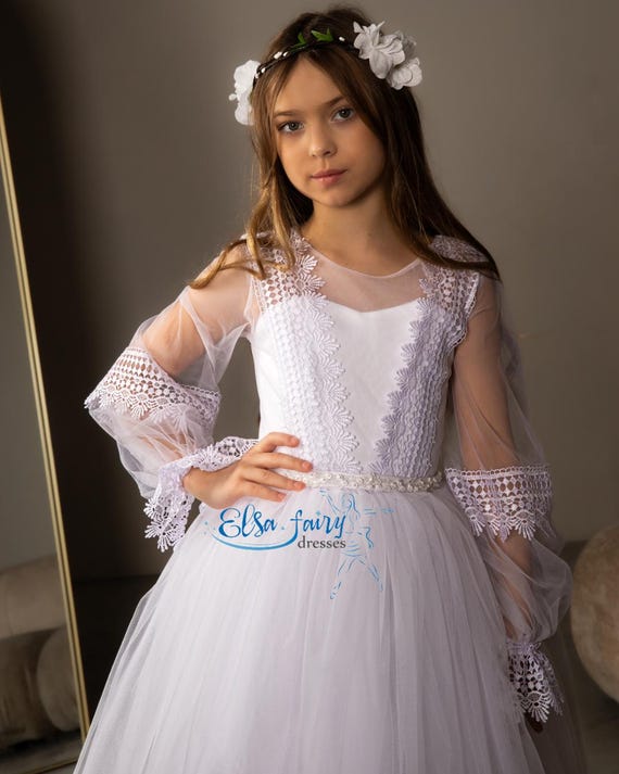 White Lace First Communion Dress: Puffy Sleeves, Flower Girl Gown - Etsy White Lace First Communion Dress: Puffy Sleeves, Flower Girl Gown - Etsy