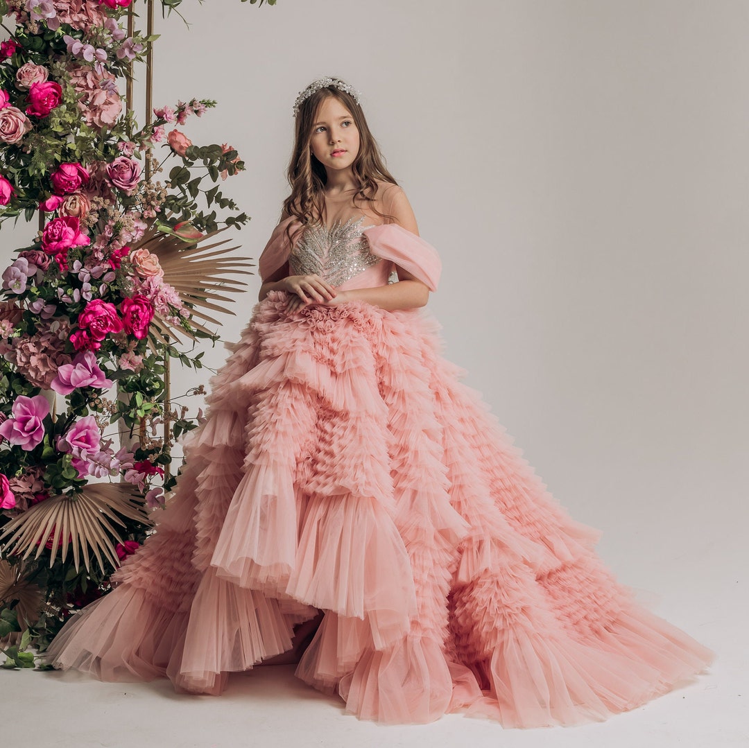 Pink Formal Dress For Year Old Blush Pink Flower Girl Dress: Tulle Ruffle  Long Train Gown Ireland