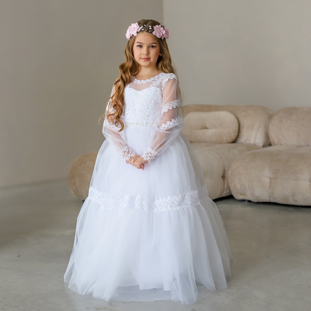 White Lace First Communion Dress: Long Puffy Sleeve Tulle Gown - Etsy