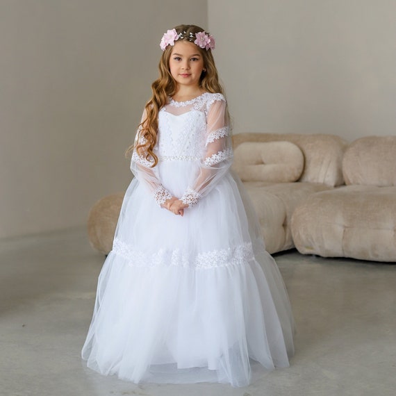White Lace First Communion Dress: Long Puffy Sleeve Tulle Gown - Etsy