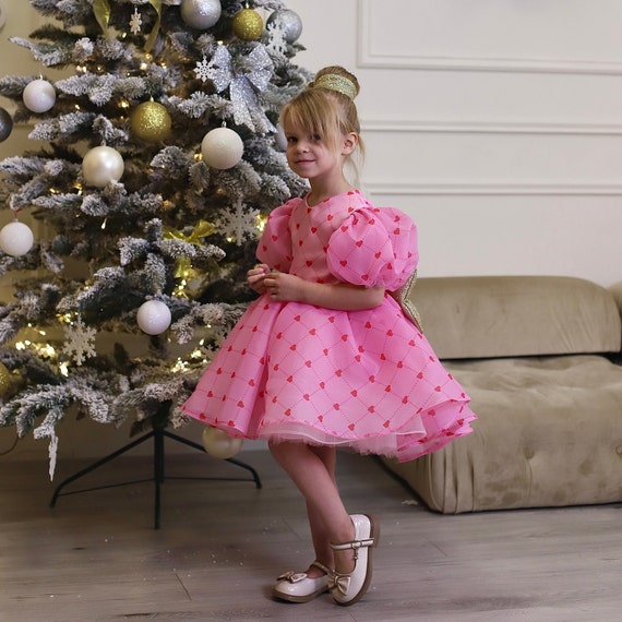 pink christmas dress toddler Pink Organza Christmas Dress: Toddler Tutu Gown, Puffy Sleeves