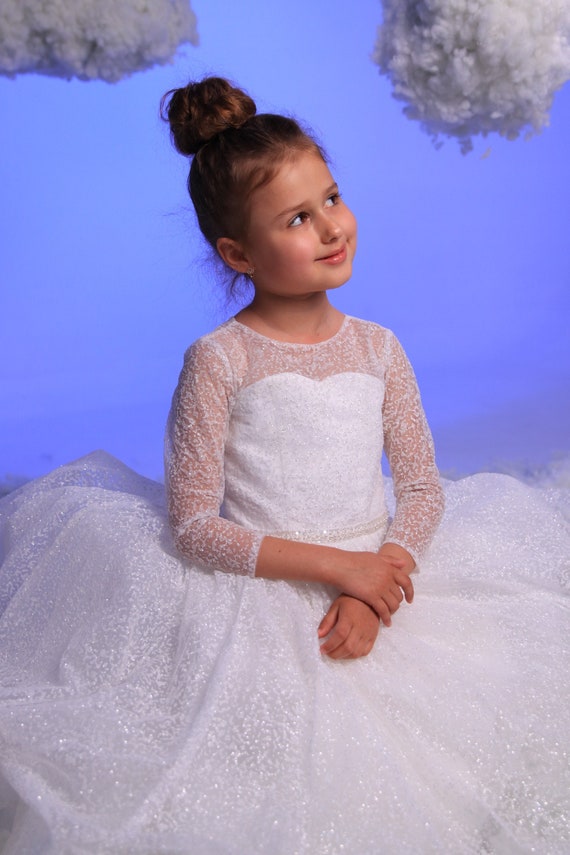 Girls Flower Girl Evening Dress - Lace Pageant Ball Gown, White (Size 12-13) - View #10