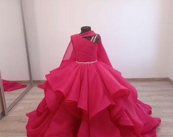 Hot Pink pageant evening gown with wings, flower girl dress, long formal wear, Christmas dress, birthday ball gown, wedding guest dress