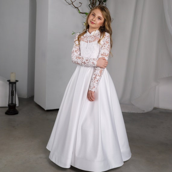 White Lace Satin Flower Girl Dress: First Communion Gown - Etsy