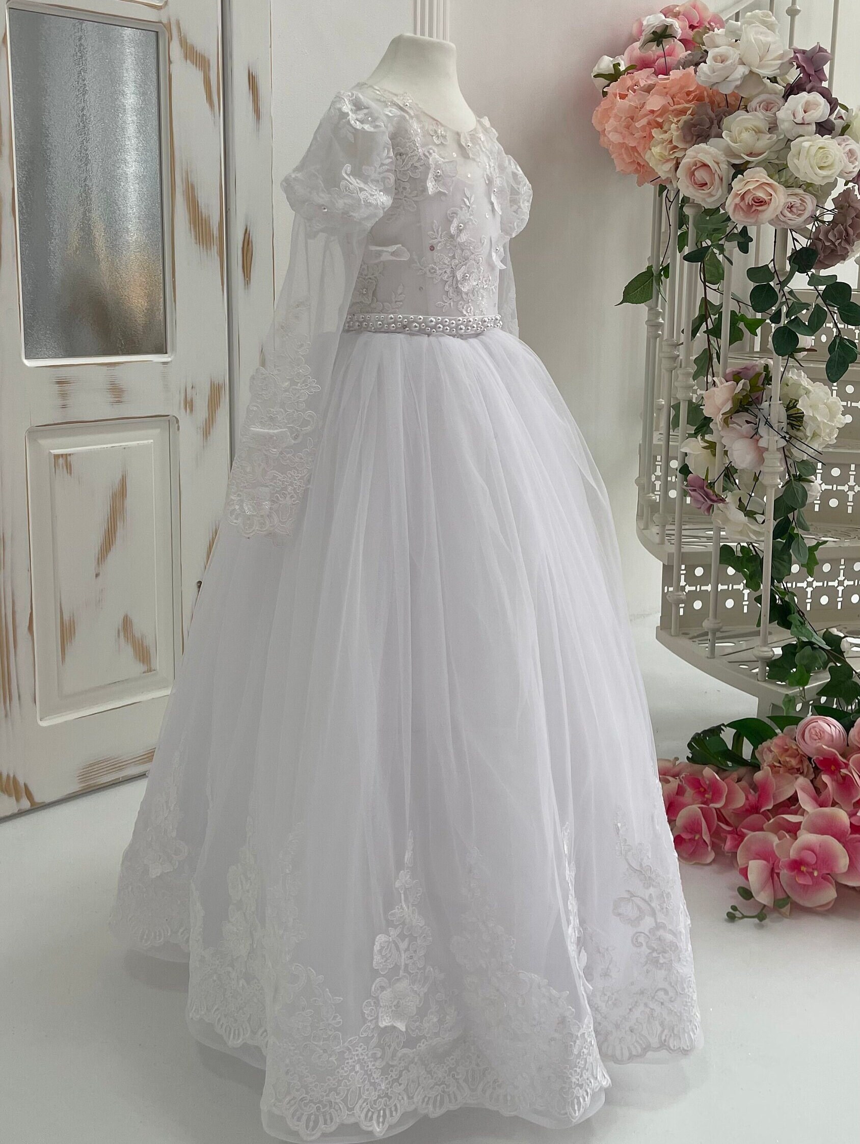 Little Girls Cap Sleeve Lacey Long Communion Flowers Girls Dresses White 4