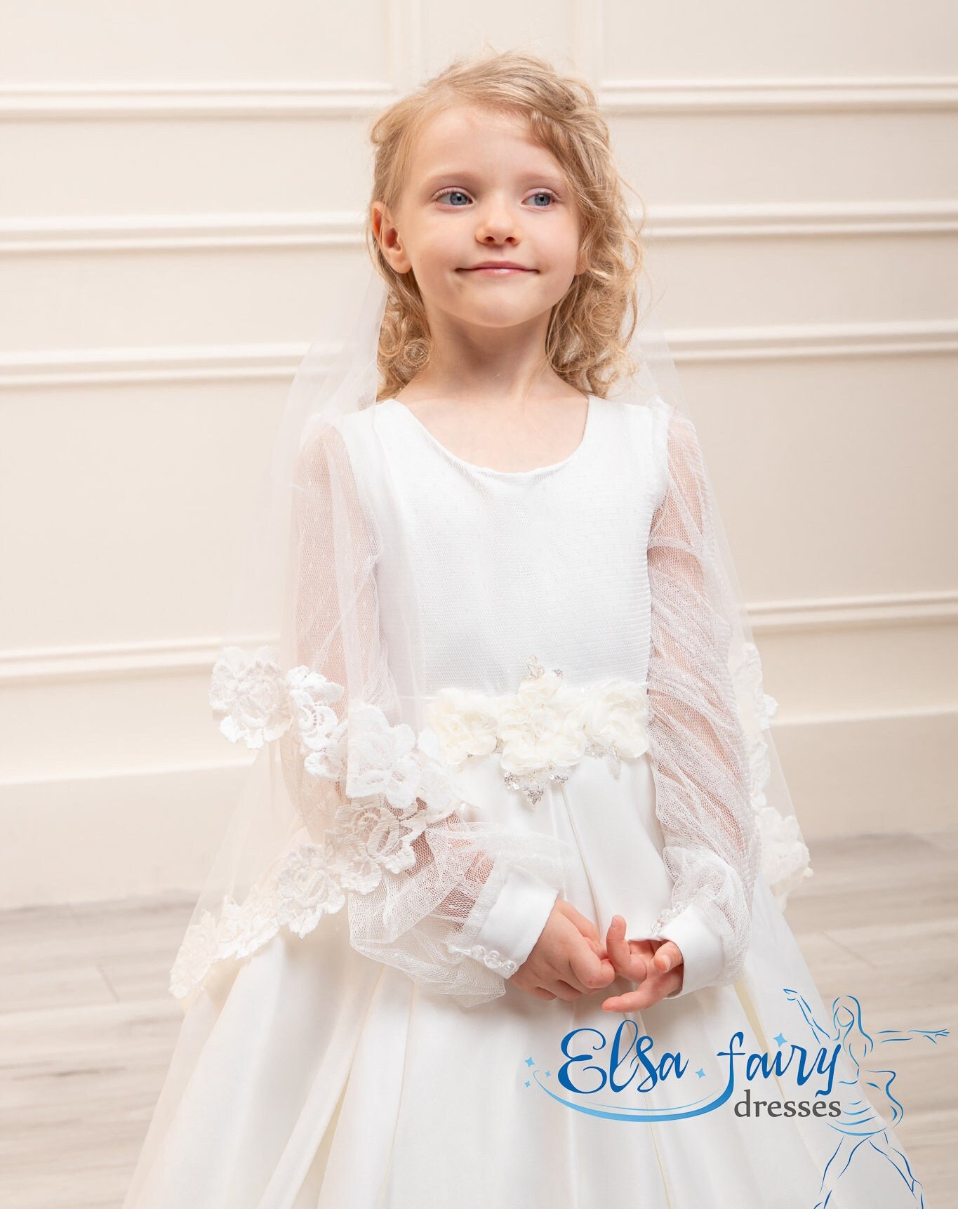 satin first communion dress Modern Mikado Fit Flare Pre-order Size 7-8 and elementary school leaving a party White Lace First Communion Dress