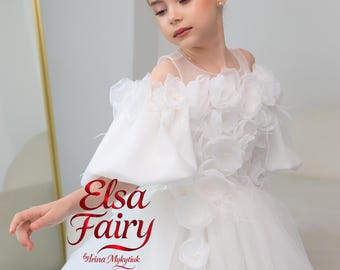 Luxury Flower Girl Dress with Long Detachable Train, White First Communion Dress, Junior Bridesmaid Gown, Pageant Dress