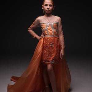 Vestido laranja divertido e personalizado: Roupa de concurso para meninas com cauda removível