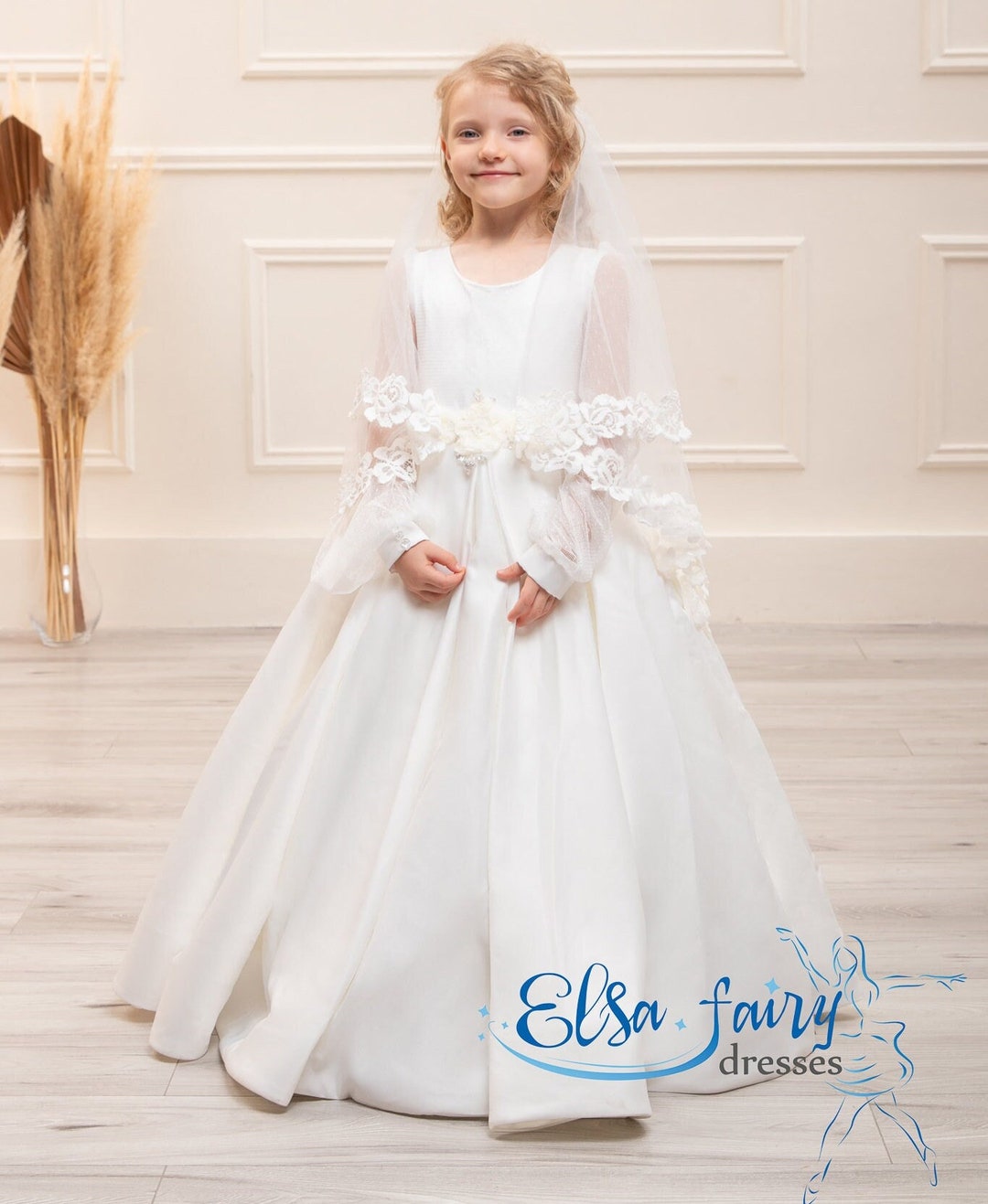 White Lace First Communion Dress With Veil: Satin Flower Girl Gown