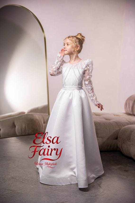 satin first communion dress A-line Flower girl dress Open back toddler girl dress long Flower girl dress satin First communion dress with bow Baby girl dress pearls
