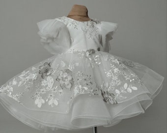 White 3D Flower Lace Tutu Dress, Girls Birthday Dress, Flower Girl Gown, Puffy Skirt Wedding Dress, Junior Bridesmaid, Communion Dress