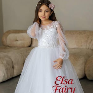 White Lace First Communion Dress: Long Puffy Sleeve Tulle Gown
