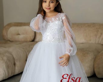 Vestido de primera comunión de encaje blanco: vestido de tul con mangas largas y abullonadas