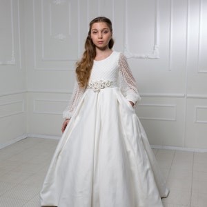 Vestido de primera comunión y bautismo, vestido de niña de las flores de satén, vestido de invitada de boda, vestido de dama de honor, vestido de primera comunión, mini vestido de novia