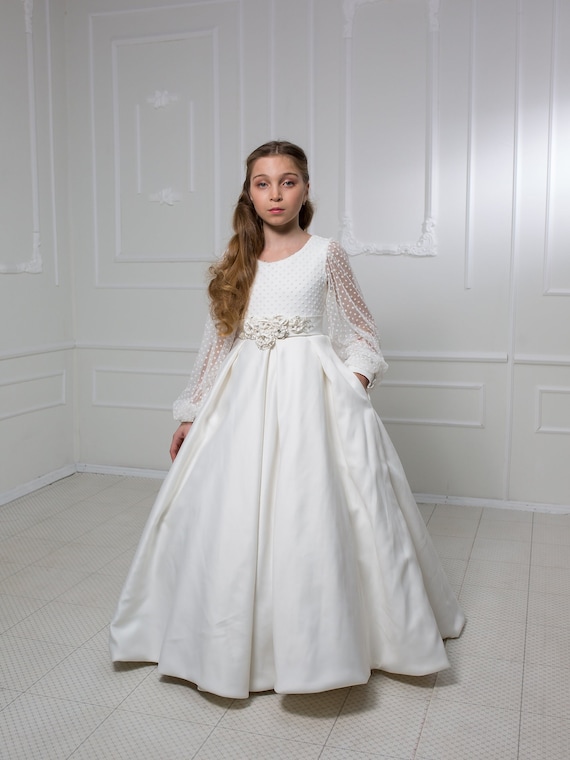 First Communion Baptism Dress Satin Flower Girl Dress Wedding