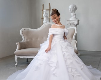First Communion White Dress, Handmade Organza Gown with Full Skirt and Open Shoulder