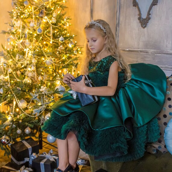 Christmas Green Sequin Flower Girl Dress: Puffy Sleeve Satin Gown - Etsy