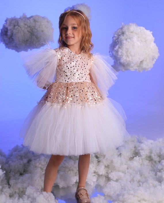 Gold Sequin Christmas Girl Dress: Puffy Sleeves Tutu Gown - Etsy